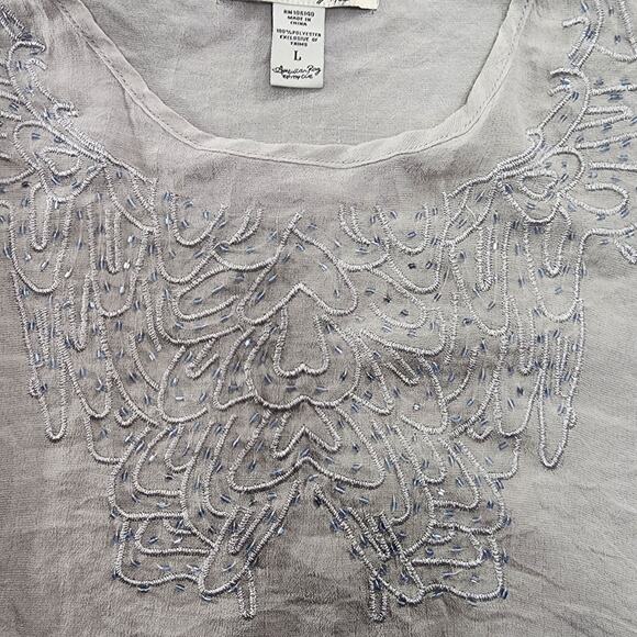 American Rag Top Womens L Gray Blue Beaded Embroidered Cold Shoulder Drawstring - Picture 2 of 9
